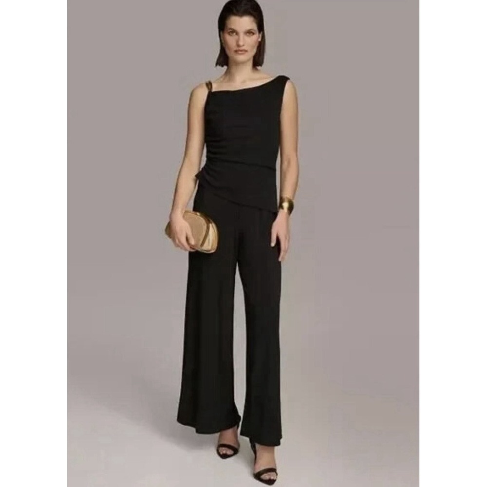 Donna Karan Women's Asymmetric Neck Draped Bodice Jumpsuit, Black, 12